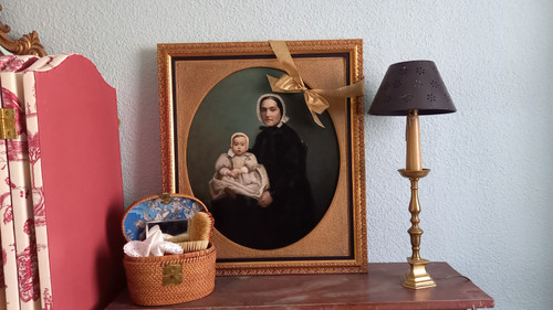 Öl auf Leinwand Porträt von Mutter und Kind XIX.