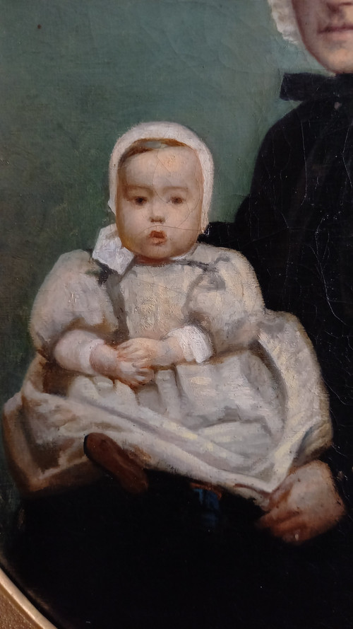 Öl auf Leinwand Porträt von Mutter und Kind XIX.