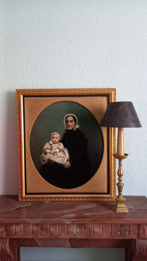 Öl auf Leinwand Porträt von Mutter und Kind XIX.