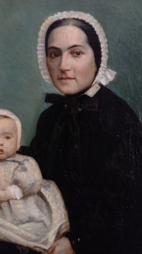 Öl auf Leinwand Porträt von Mutter und Kind XIX.