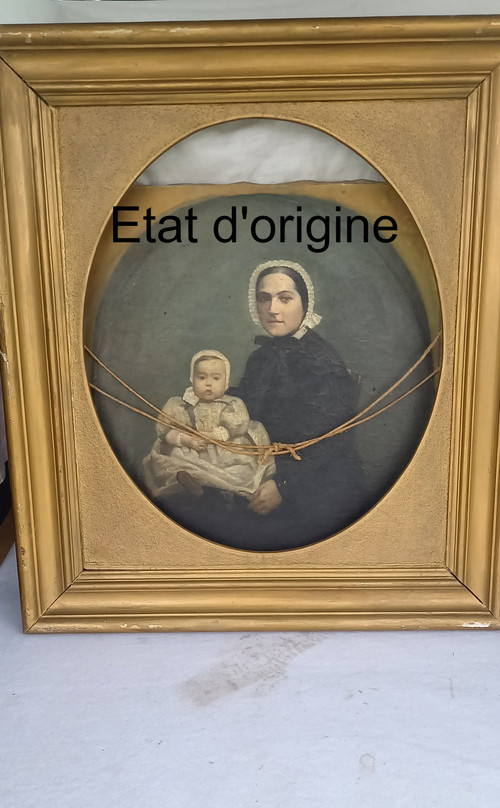 Öl auf Leinwand Porträt von Mutter und Kind XIX.