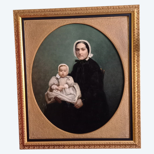 Öl auf Leinwand Porträt von Mutter und Kind XIX.
