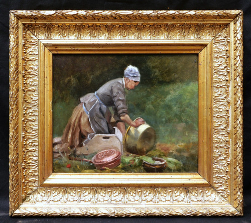E. LIESSE, Bäuerin, die in der Sonne Kupfer schrubbt