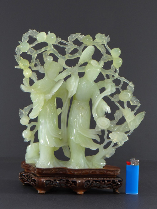 China, First Half 20th Century, Celadon Jade Sculpture of Two Court Ladies.