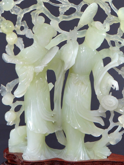 China, First Half 20th Century, Celadon Jade Sculpture of Two Court Ladies.