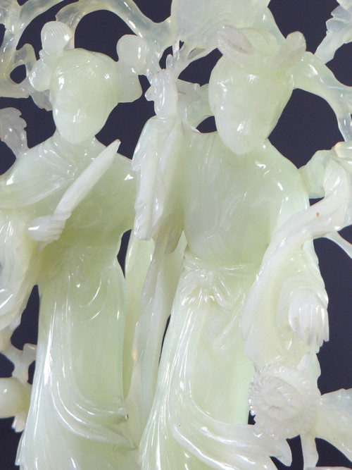 China, First Half 20th Century, Celadon Jade Sculpture of Two Court Ladies.