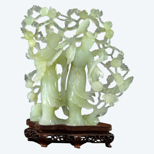 China, First Half 20th Century, Celadon Jade Sculpture of Two Court Ladies.
