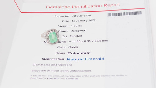Anello a doppio cerchio in oro bianco, smeraldo colombiano certificato e diamanti