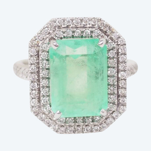 Anello a doppio cerchio in oro bianco, smeraldo colombiano certificato e diamanti