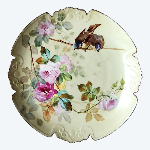 Limoges Plat En Porcelaine Peinte Les Roses Et Les Oiseaux