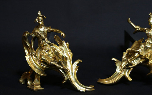 Pair of chiseled gilded bronze andirons