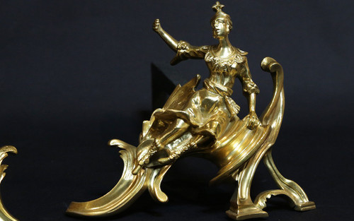 Pair of chiseled gilded bronze andirons