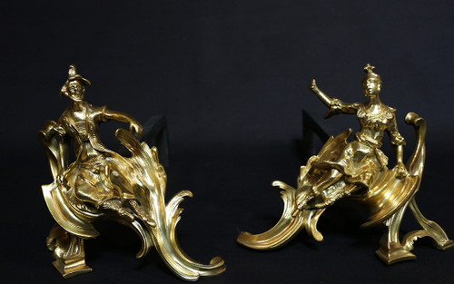 Pair of chiseled gilded bronze andirons