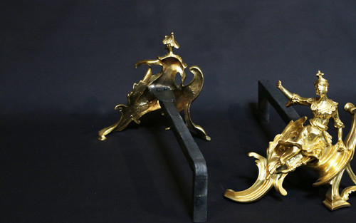 Pair of chiseled gilded bronze andirons