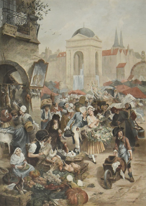 Alphonse Lamotte color print after Emile Bayard "Un marché" ("A market")