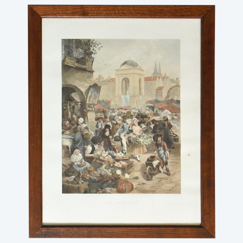 Alphonse Lamotte color print after Emile Bayard "Un marché" ("A market")