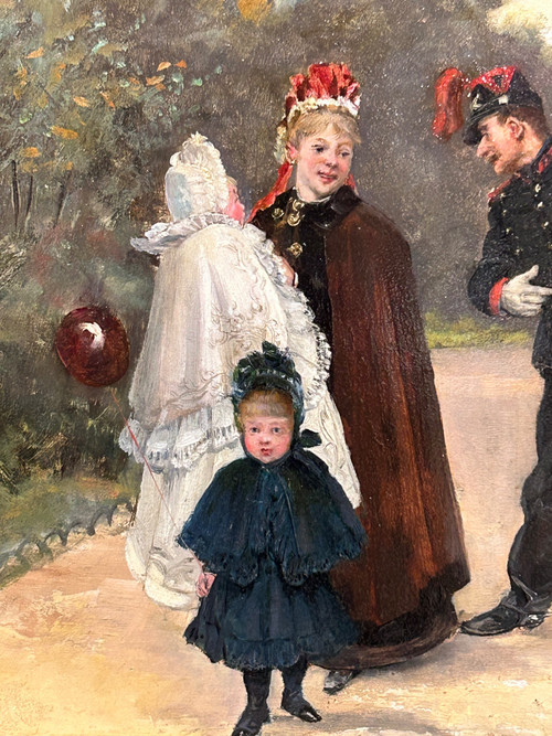 Albert Bligny (1849-1908) La Conversation Avec élégante Et Ses Enfants - Pannello in mogano