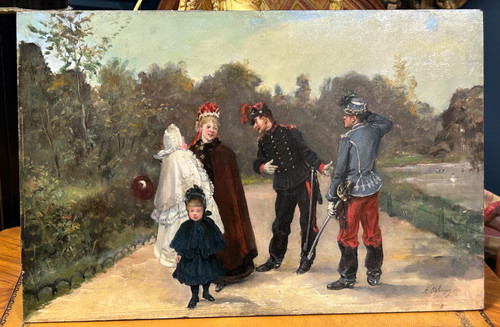 Albert Bligny (1849-1908) La Conversation Avec élégante Et Ses Enfants - Pannello in mogano