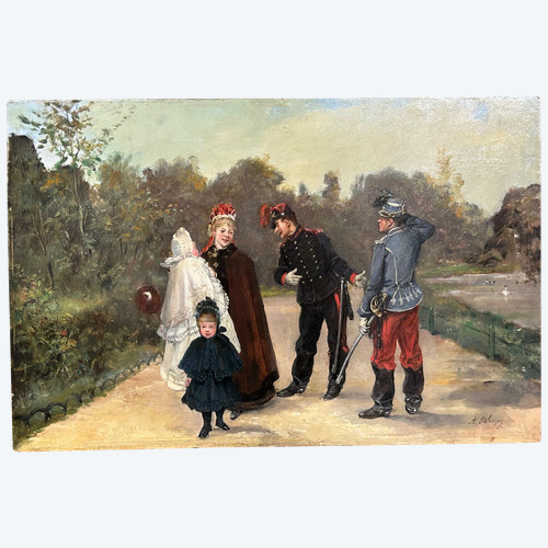 Albert Bligny (1849-1908) La Conversation Avec élégante Et Ses Enfants - Pannello in mogano