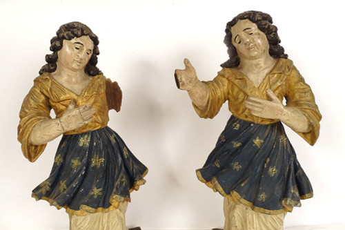 Paire statues orants anges bois sculpté polychrome retable XVIIIème siècle