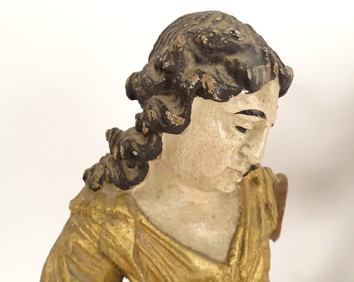 Paire statues orants anges bois sculpté polychrome retable XVIIIème siècle