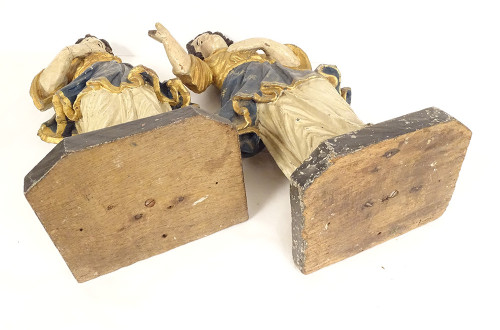 Paire statues orants anges bois sculpté polychrome retable XVIIIème siècle