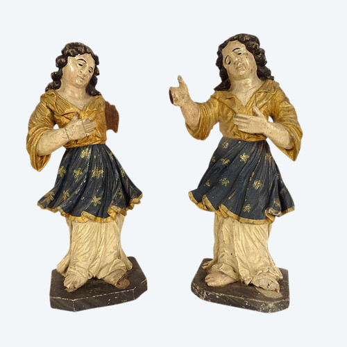 Paire statues orants anges bois sculpté polychrome retable XVIIIème siècle