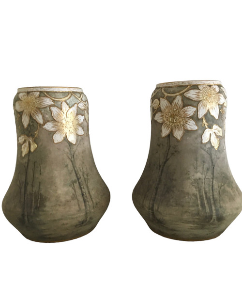 Coppia di vasi in ceramica, firmati Franz Anton Mehlen, Art Nouveau