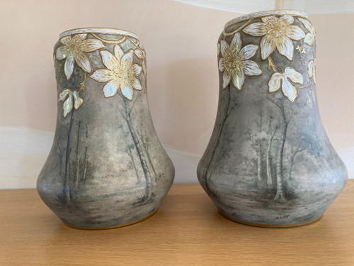 Coppia di vasi in ceramica, firmati Franz Anton Mehlen, Art Nouveau