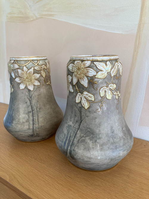 Coppia di vasi in ceramica, firmati Franz Anton Mehlen, Art Nouveau