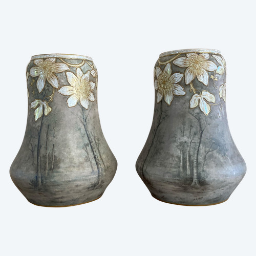 Coppia di vasi in ceramica, firmati Franz Anton Mehlen, Art Nouveau