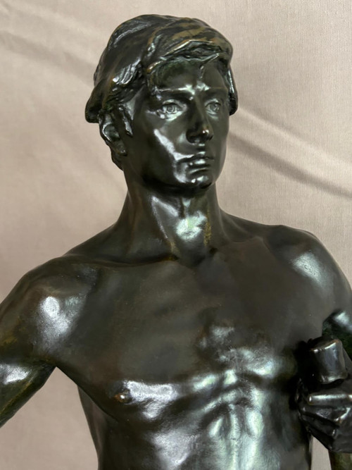 Statue en bronze jeune forgeron, Georges Bareau (1866-1931)  fondeur "F. BARBEDIENNE" Paris