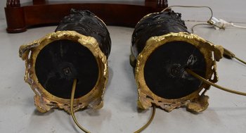 Paire de Lampes Asiatiques à Patine Brune - 1900