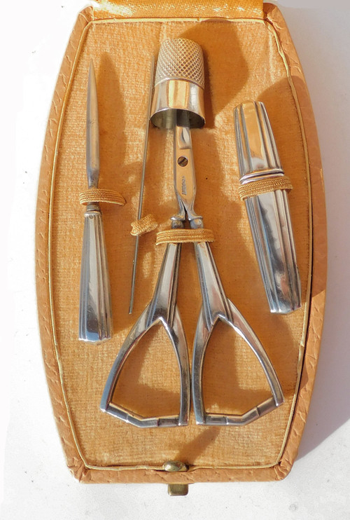 Art Deco Silver Sewing Set Early 20th Century Scissors Needle Case