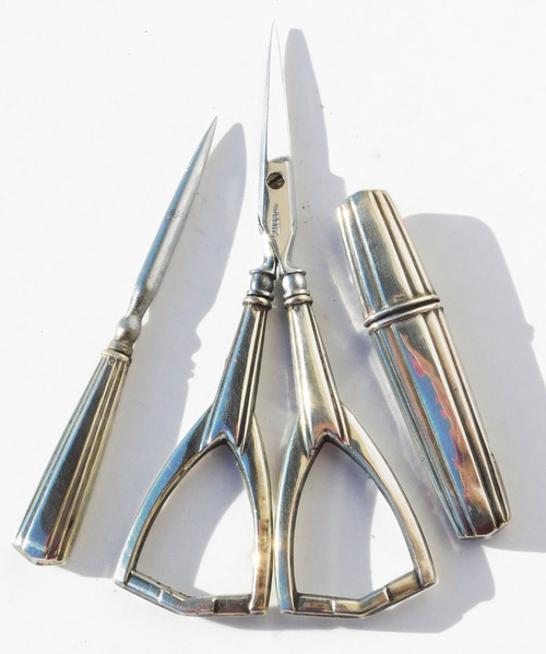 Art Deco Silver Sewing Set Early 20th Century Scissors Needle Case