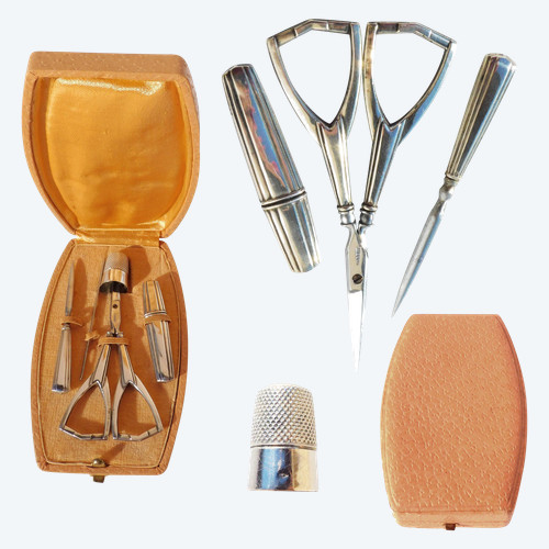 Art Deco Silver Sewing Set Early 20th Century Scissors Needle Case