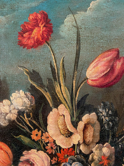 Stillleben mit einem Blumenstrauß. Italienische Schule des 20. Jahrhunderts im Geschmack des 17. Jahrhunderts, Öl auf Leinwand.