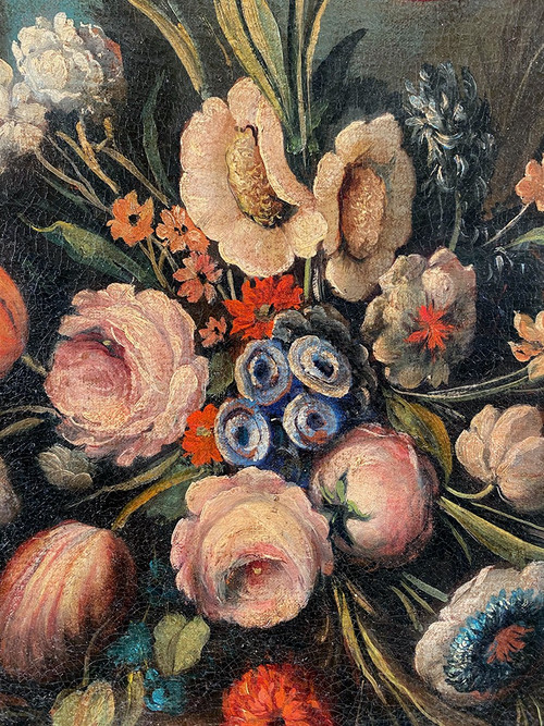 Stillleben mit einem Blumenstrauß. Italienische Schule des 20. Jahrhunderts im Geschmack des 17. Jahrhunderts, Öl auf Leinwand.