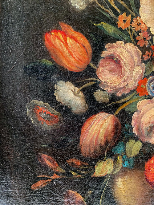 Stillleben mit einem Blumenstrauß. Italienische Schule des 20. Jahrhunderts im Geschmack des 17. Jahrhunderts, Öl auf Leinwand.