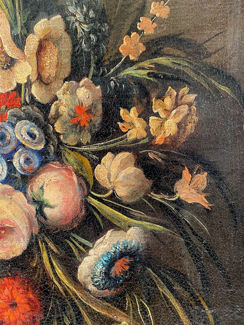 Stillleben mit einem Blumenstrauß. Italienische Schule des 20. Jahrhunderts im Geschmack des 17. Jahrhunderts, Öl auf Leinwand.
