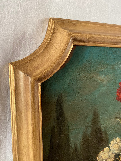 Stillleben mit einem Blumenstrauß. Italienische Schule des 20. Jahrhunderts im Geschmack des 17. Jahrhunderts, Öl auf Leinwand.