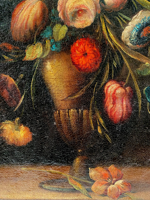 Stillleben mit einem Blumenstrauß. Italienische Schule des 20. Jahrhunderts im Geschmack des 17. Jahrhunderts, Öl auf Leinwand.