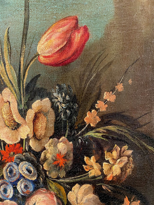 Stillleben mit einem Blumenstrauß. Italienische Schule des 20. Jahrhunderts im Geschmack des 17. Jahrhunderts, Öl auf Leinwand.