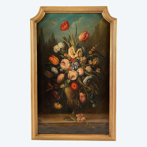 Stillleben mit einem Blumenstrauß. Italienische Schule des 20. Jahrhunderts im Geschmack des 17. Jahrhunderts, Öl auf Leinwand.