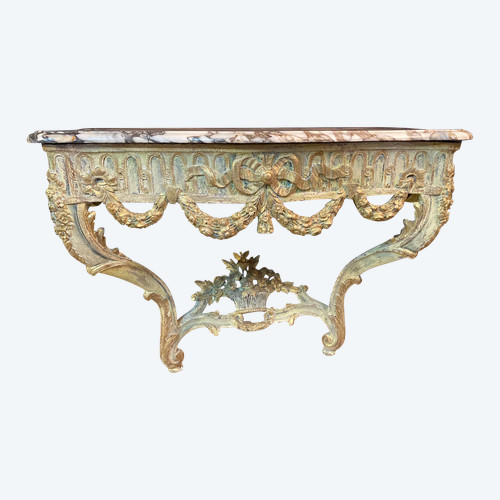 Console di transizione Luigi XV del XVIII secolo con marmo originale