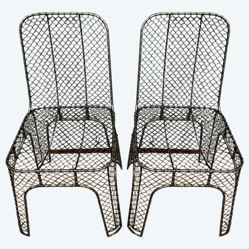 coppia di sedie in ferro intrecciato di design industriale del 1980 circa