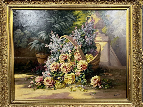 Louis LARTIGAU - Scuola francese della fine del XIX secolo: Cesto di fiori in un parco