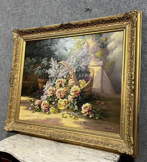 Louis LARTIGAU - Scuola francese della fine del XIX secolo: Cesto di fiori in un parco