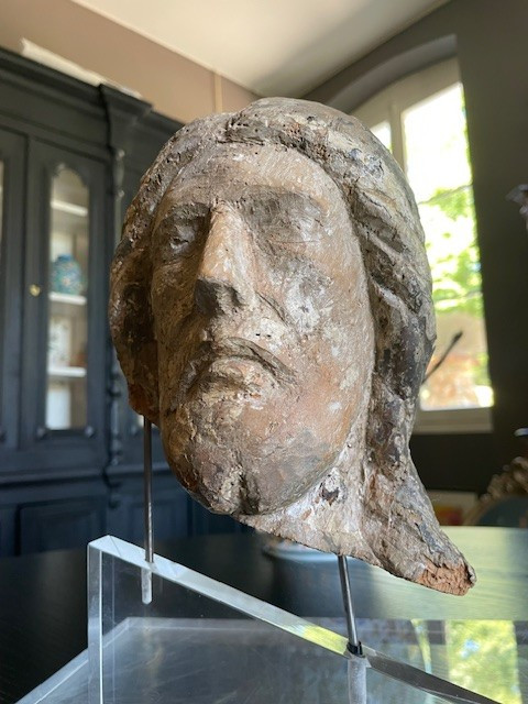 Tête De Christ XIIIe Siècle Bois Avec Reste De Polychromie