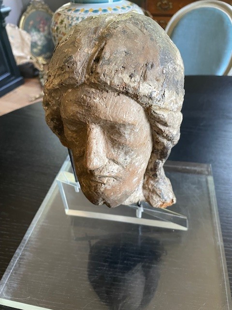 Tête De Christ XIIIe Siècle Bois Avec Reste De Polychromie